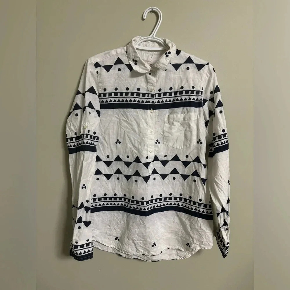 J. Crew Factory 100 % Linen Collared Geometric Long Roll Sleeve Top Size Medium